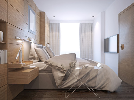 Bright bedroom loft style. Mid-sized room with medium tone hardwood floors and white walls. 3D renderの写真素材