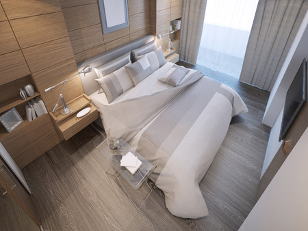 Design of loft hotel bedroom. Decorated by wooden paneling forms, a strong focal point behind the bed. 3D renderの写真素材