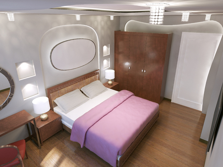 Eclectic bedroom trend. The main contrast between white and brown color, - brown floors and furniture, and white walls. 3D renderの写真素材