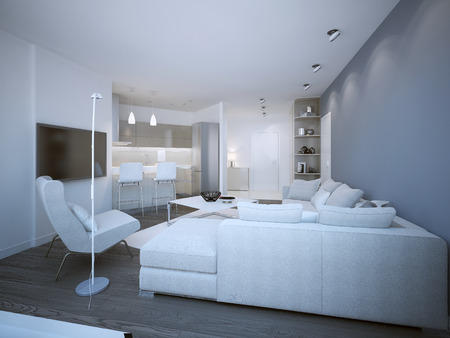 Lounge room techno style with small kitchen. 3D renderの写真素材