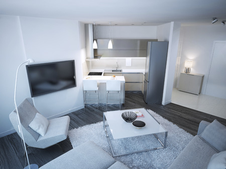 Techno lounge room studio. Minimalistic acryl kitchen and elegance entrance. 3D renderの写真素材