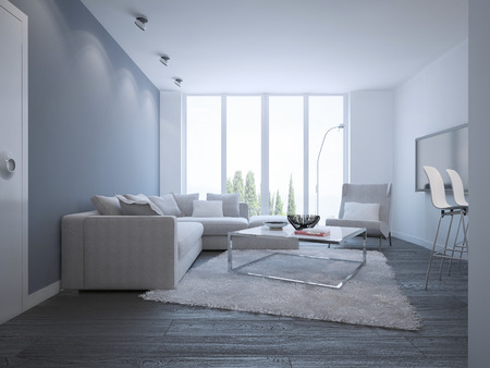 Idea of bright minimalist lounge. Elegant room with white furniture and a wool carpet. Unusual metal table with matt glass tabletop. 3D renderの写真素材