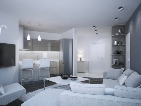 Minimalist apartment studio. Acryl kitchen with bar and mixed two colored walls, - blue and white. 3D renderの写真素材