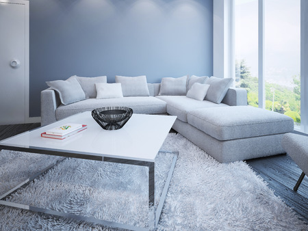 Lounge room scandinavian style. Corner sofa with pillows in room with blue colored walls and panoramic view through window. 3D renderの写真素材