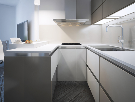 Kitchen scandinavian style. White matt furniture and acrylic countertop and backsplash. 3D renderの写真素材