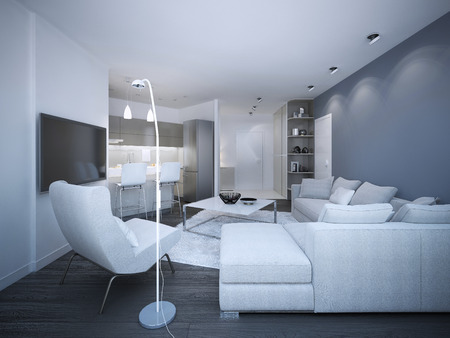 White elegant studio apartment. Blue and white walls, corner sofa with pillows, small kitchen on background. 3D renderの写真素材
