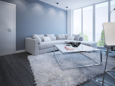 Living room scandinavian design. Stylish apartment with panoramic windows. 3D renderの写真素材