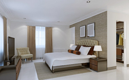 Bright bedroom with dressing room. 3d renderの写真素材