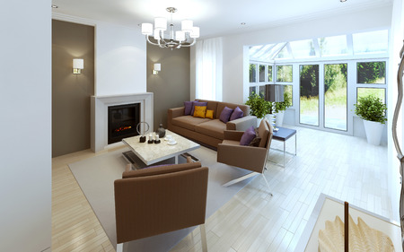 Spacious living room with fireplace. 3d renderの写真素材