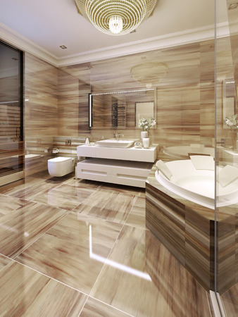 Modern bathroom with access to sauna. 3d renderの写真素材