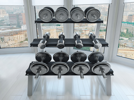 Dumbbell rack near window. 3d renderの写真素材