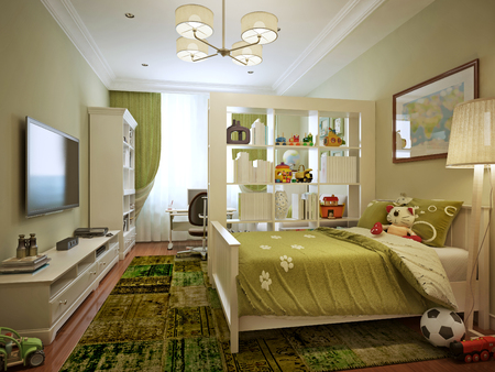 Modern children's room for a boy, green, and yellow tones. 3d render.の写真素材