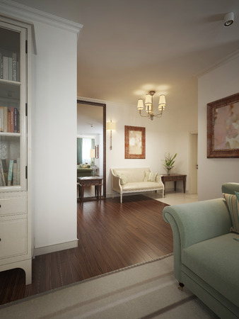 Hall with entrance hall in the Provencal style. The warm colors, beige, yellow and olive green. 3d render.の写真素材