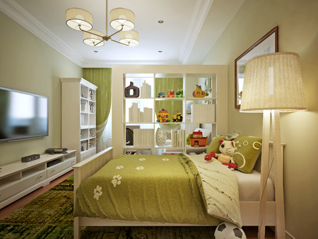 Modern children's room for a boy, green, and yellow tones. 3d render.の写真素材