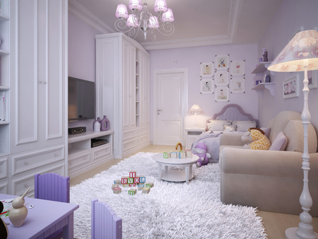 Children's room in a classic style in pink with white furniture. 3d render.の写真素材