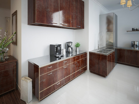 Contemporary kitchen with brown wooden furniture. 3d render.の写真素材