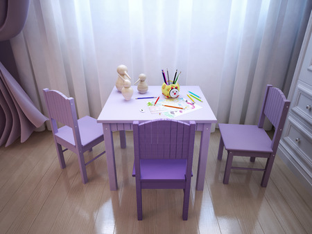 Children's table for games and activities in a purple and pink colors. 3d render.の写真素材