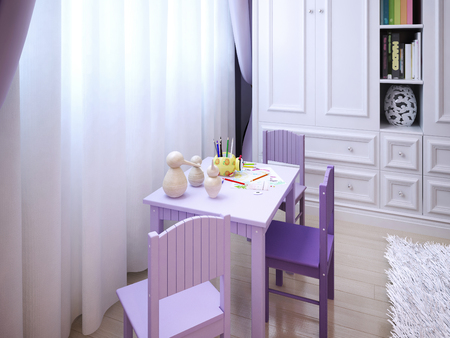 Children's table for games and activities in a purple and pink colors. 3d render.の写真素材
