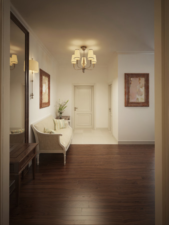 Entrance hall with benches and a mirror in a classic style. The warm beige tones. 3d render.の写真素材