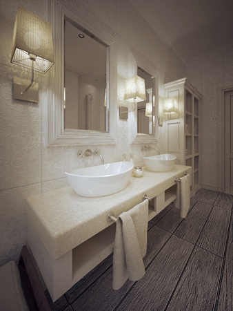 A modern bathroom with two sinks console in white and beige. 3d render.の写真素材