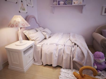 Children's room in classical style with a comfortable cot and a sofa with pillows. 3d render.の写真素材