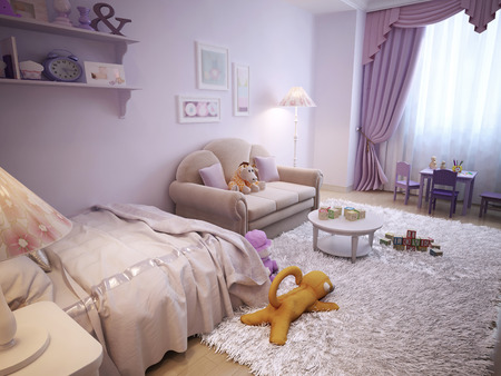 Children's room in classical style with white furniture and pink walls. 3d render.の写真素材