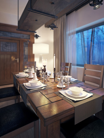 Dining room, rustic style, 3d imagesの写真素材