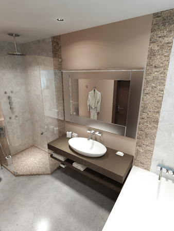 Modern bathroom with shower. In the brown, white and beige. 3D render.の写真素材