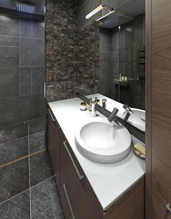 Wash basin in modern white bathroom. The cup-shaped fashion washbasin. Modern mixer. 3D render.の写真素材