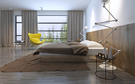 Bedroom in modern style. Included lights, foggy weather outside. Large floor-to-ceiling panoramic windows. 3D renderの写真素材