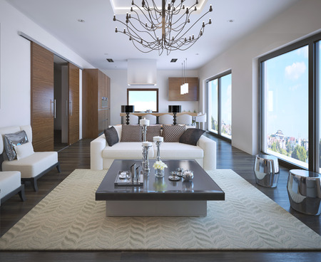 Kitchen and living room of OntoArt apartment. Exclusive furniture. 3D renderの写真素材