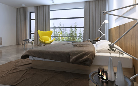 Bed and yellow chair in bedroom with large window, daylight with included lights, brown decorations. 3D renderの写真素材