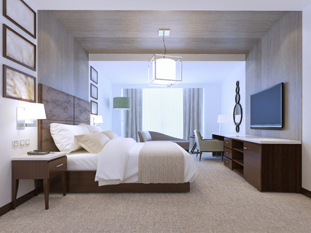 Spacy room with wall decorations in contemporary style. Contrast of white and brown colors. 3D renderの写真素材