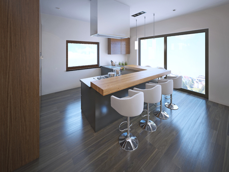 Spacious kitchen with island bar. Large floor-to-ceiling panoramic windows, laminate flooring.  3D renderの写真素材