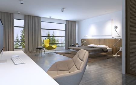 Spacious bedroom modern style. Large horizontal window and entrance to balcony, brown furniture, white walls and dark wood linoleum flooring. 3D renderの写真素材