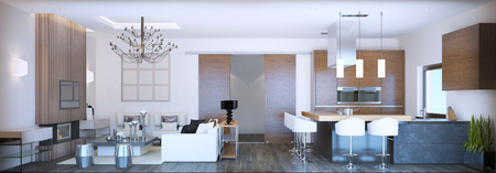 Panoramic view on modern studio. White walls and mixed brown and grey furniture, dark laminate flooring. 3D renderの写真素材
