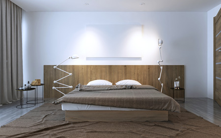 Inspiration to contemporary bedroom. White and brown contrast, idea of decor for your bedroom. 3D renderの写真素材