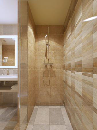 High-tech shower in bathroom with marble tile walls, glass doors. 3D renderの写真素材