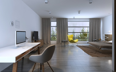 Spacy bedroom in daylight with included lights. Rainy outside. 3D renderの写真素材