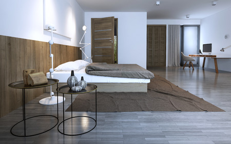 Idea of minimalist bedroom in private house. unusual round coffe tables, brown theme. 3D renderの写真素材