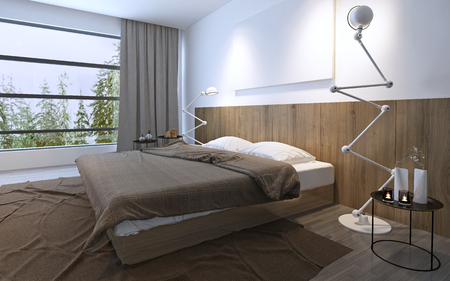 Bright bedroom with panoramic window in brown colors. Minimalism in interior, spacy room. 3D renderの写真素材