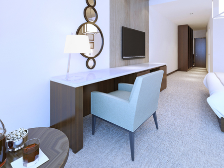 Modern dresser minimalist style in bright hotel room. Combined round mirror and table lamp . 3D renderの写真素材