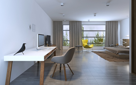 Work area in minimalist bedroom. White table with brown wooden legs, grey chair and PC, statuette of a dove. 3D renderの写真素材