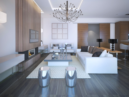 Living room design idea. Coffered ceiling blend with stone trim fireplace and neoclassical furniture. 3D renderの写真素材