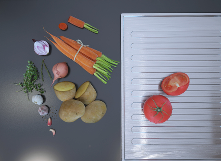 Fresh sliced vegetables lying on a gray table top. 3D renderの写真素材