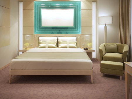 Beautiful hotel apartments with panel molded walls, double bed, armchair with pillows, Floor lamp with white shade. 3D renderの写真素材