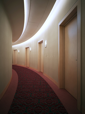 Interrior of bright hotel complex, corridor. Art deco styled round hall with doors. 3D renderの写真素材