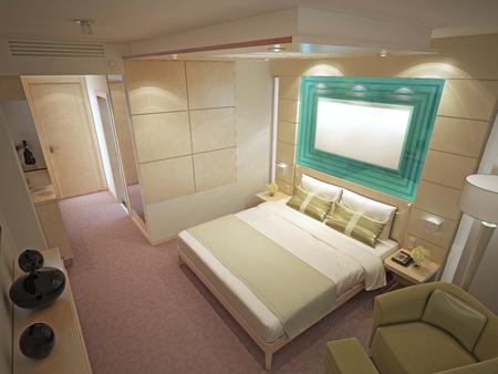 Expensive interior of contemporary bedroom. Luxury bedchamber, walls with tiled molding, light pink patterned carpet flooring. 3D renderの写真素材