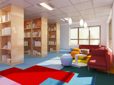 Colorful library in kitch styled school. Red sofas, multicolored carpet. 3D renderの写真素材