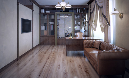 Big boss office in art deco style. Oak furniture, leather sofa. meeting room. 3D renderの写真素材